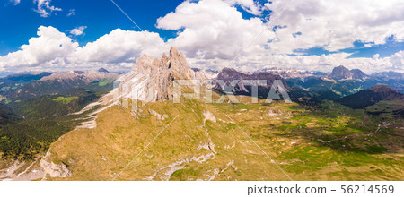 Amazing aerial top view on Seceda Mount peak and valley from drone. Trentino Alto Adige, Dolomites 56214569