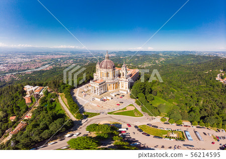 Beautifull aerial panoramic view to the famous from the drone Basilica of Superga in sunny summer Beautifull aerial panoramic view to the famous from the drone Basilica of Superga in sunny summer 56214595