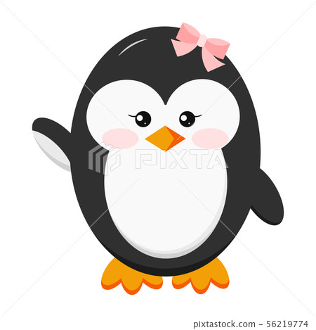 Sweet funny cute baby girl penguin with bow icon in standing hi pose isolated on white background. 56219774
