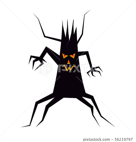 Spooky black silhouette of dry Halloween tree with luminous eyes, nose and mouth, awesome face. 56219797