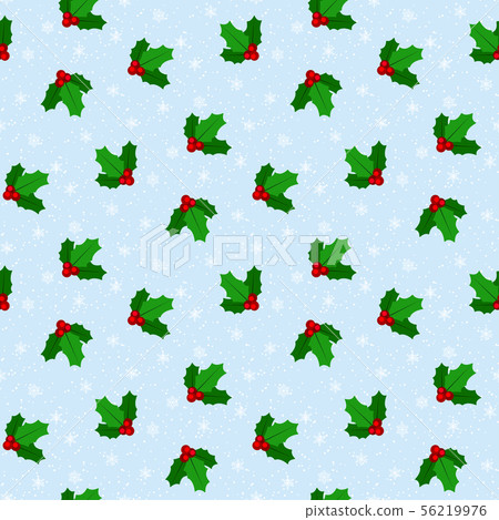Christmas winter mistletoe print- cute vector seamless pattern with soft snowflakes on blue snowy 56219976
