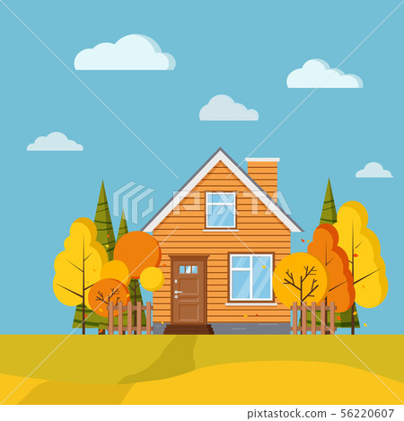 Autumn scenic field landscape background with yellow and orange trees, spruces, fences, rural Autumn scenic field landscape background with yellow and orange trees, spruces, fences, rural 56220607