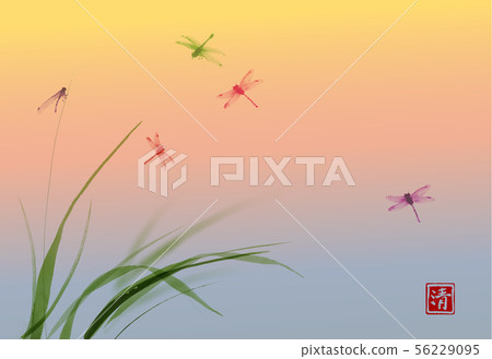 Dragonflies and leaves of grass on sunrise sky background. Traditional Japanese ink wash painting 56229095