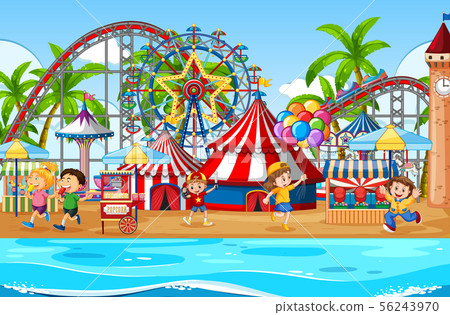 An outdoor funfair scene with happy kids 56243970
