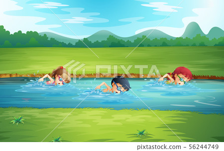 Kids swimming in river Kids swimming in river 56244749