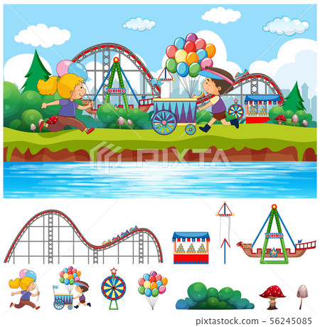 Scene background design with kids in circus park 56245085