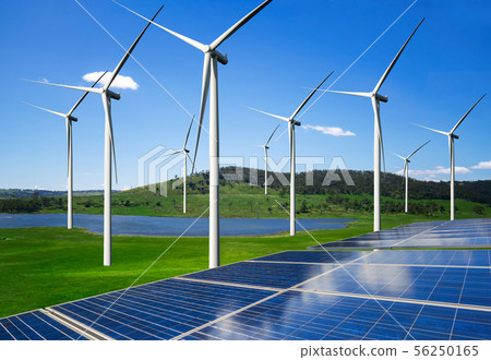 Solar panel and wind turbine farm clean energy. Solar panel and wind turbine farm clean energy. 56250165
