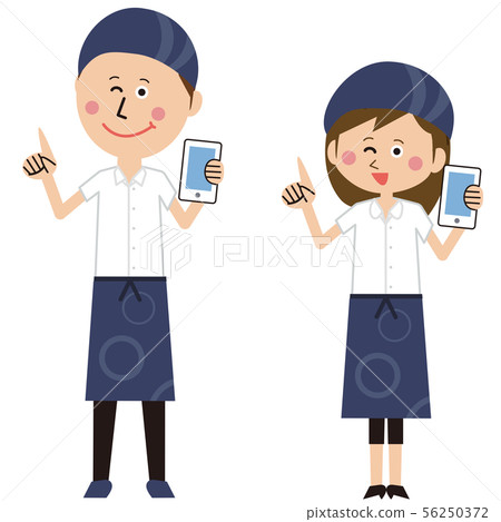 流行酒館職員男人和女人用手機指著 56250372
