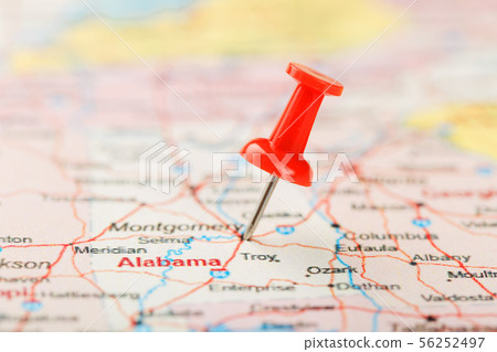 Red clerical needle on a map of USA, South Alabama Red clerical needle on a map of USA, South Alabama 56252497