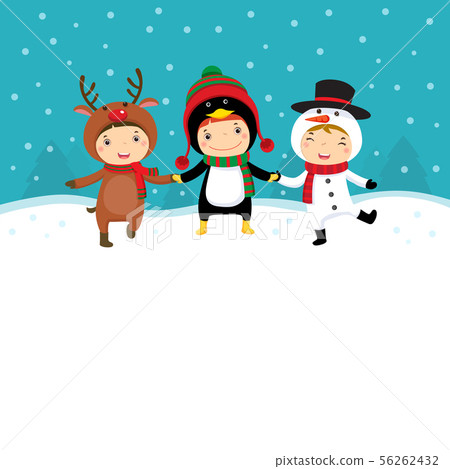 Happy kids in Christmas costumes playing with snow Happy kids in Christmas costumes playing with snow 56262432