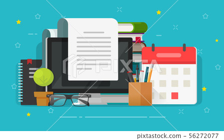 Writing content or essay on computer or reading article vector illustration, flat cartoon working Writing content or essay on computer or reading article vector illustration, flat cartoon working 56272077