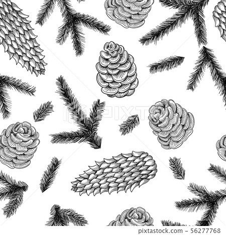 seamless pattern cones and pine and spruce tree branches. Vector sketch hand drawn illustration. seamless pattern cones and pine and spruce tree branches. Vector sketch hand drawn illustration. 56277768