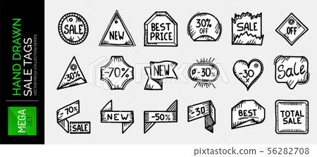 Mega set of hand drawn sale tags. Best price, new, sale, discount and other labels. Paper stickers 56282708