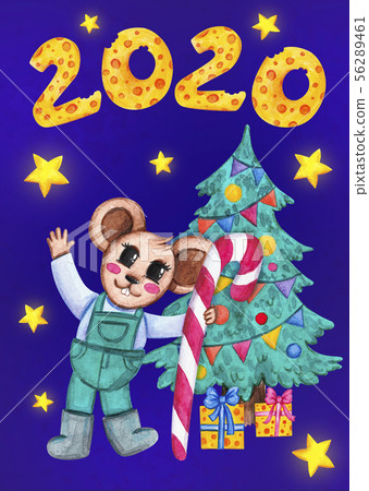 Mouse holding a Christmas candy. New year 2020. 56289461