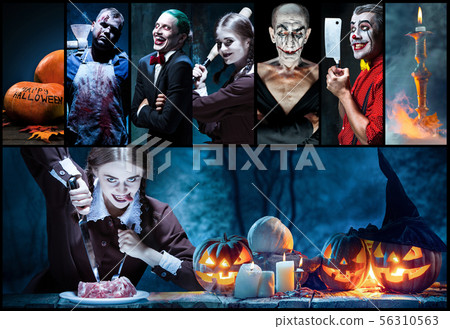 Mystical characters in nightly creative collage. Concept of horror, Halloween time. 56310563
