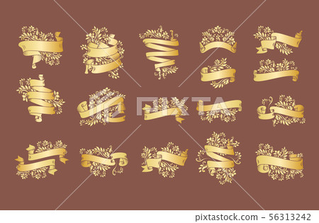 Gold vintage ribbon banners with leaves and flowers, drawing in engraving style. Golden banner Gold vintage ribbon banners with leaves and flowers, drawing in engraving style. Golden banner 56313242