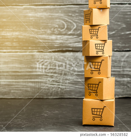 Tower of cardboard boxes with pattern of shopping 56328582