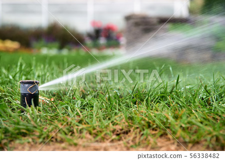 automatic sprinkler system watering the lawn automatic sprinkler system watering the lawn 56338482