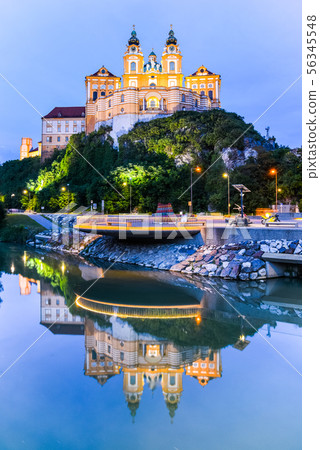 Melk Abbey, German: Stift Melk, reflected in the water of Danube River by night, Wachau Valley Melk Abbey, German: Stift Melk, reflected in the water of Danube River by night, Wachau Valley 56345548