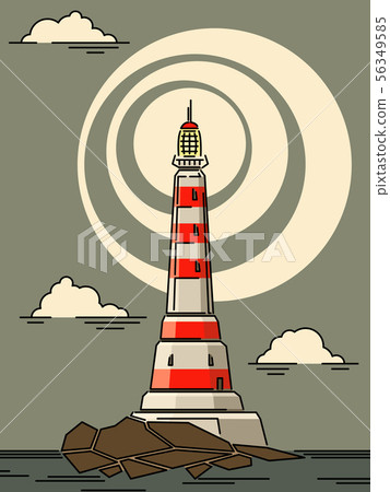 Illustrations of lighthouse with lights on island. Illustrations of lighthouse with lights on island. 56349585