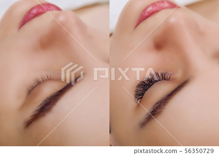 Eyelash Extension. Comparison of female eyes before and after. 56350729