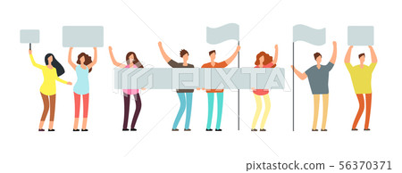 Crowd of protesting people with banners, flags. Voting students at demonstration. Political meeting Crowd of protesting people with banners, flags. Voting students at demonstration. Political meeting 56370371