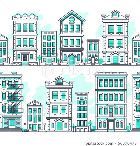 Line art city seamless landscapes. Outline housing, real estate market vector background 56370478