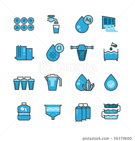 Dirty effluent water treatment plant and water filter for sewage sludge vector icons set Dirty effluent water treatment plant and water filter for sewage sludge vector icons set 56370600