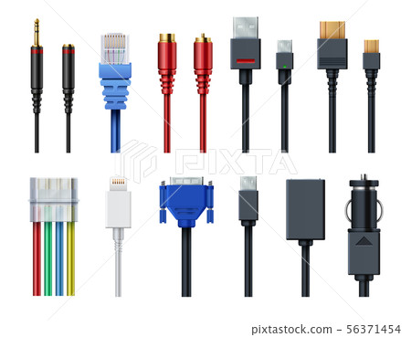 Cable wire computer video, audio, usb, hdmi, network and electric conectors and plugs vector set 56371454
