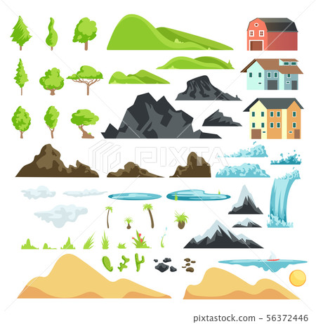 Cartoon landscape vector elements with mountains, hills, tropical trees and buildings 56372446