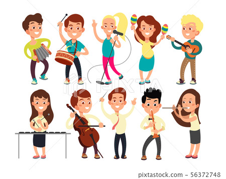 Schoolkids playing music on stage. Children musicians performing music show Schoolkids playing music on stage. Children musicians performing music show 56372748