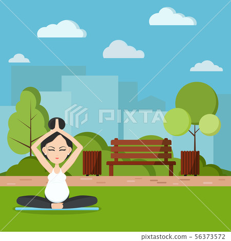 Smiling pregnant woman meditating and relaxing in park. 56373572