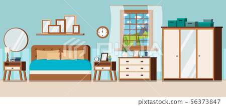 Bedroom with window view of summer day landscape with blue lake and furniture 56373847