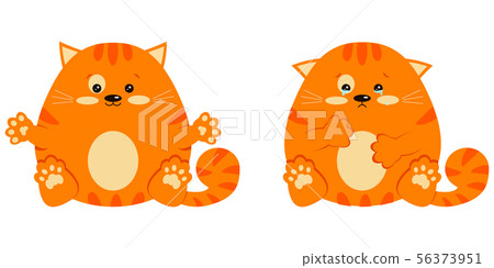 Set of glad smiling and sad crying with tears sweet and cute fat red little ginger striped cat in 56373951