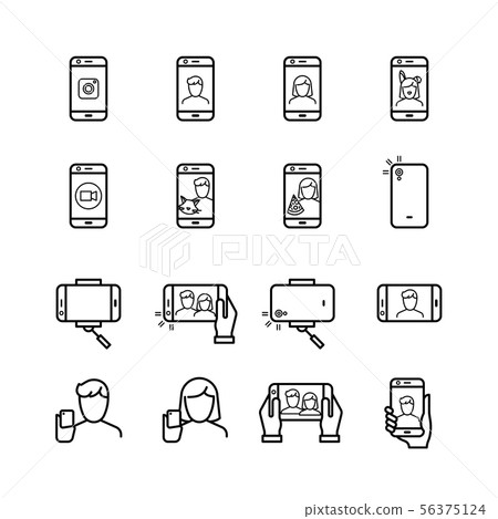 Selfie photo, people take photo with smartphone and monopod line vector icons 56375124