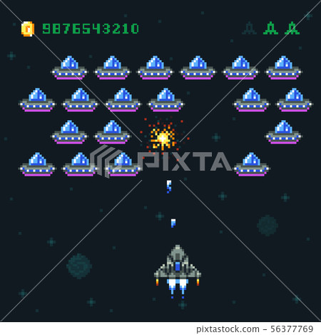 Retro arcade game screen with pixel invaders... - Stock Illustration ...