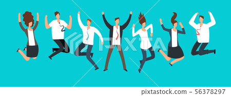 Happy excited business people, employees jumping together. Successful team work and leadership Happy excited business people, employees jumping together. Successful team work and leadership 56378297