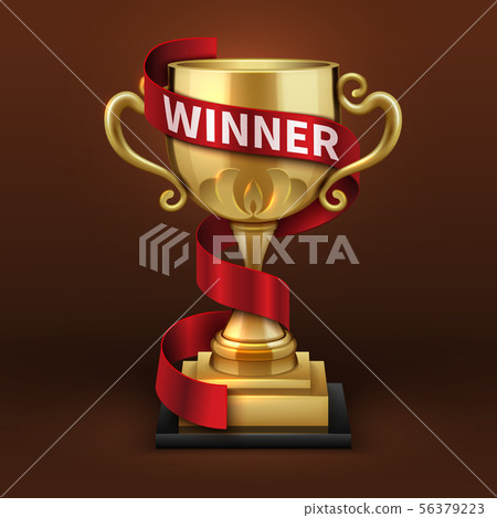 Champion golden trophy cup with red winner ribbon. Sports championship vector concept 56379223