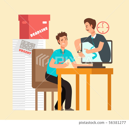 Frustrated man workaholic with laptop and angry boss. Overworked staff and deadline vector concept Frustrated man workaholic with laptop and angry boss. Overworked staff and deadline vector concept 56381277