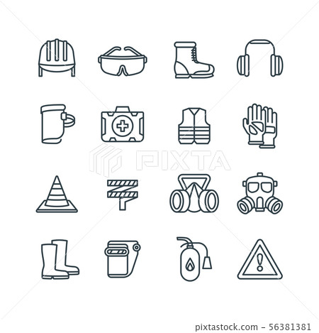 Safety work equipment and protective clothing line vector icons 56381381