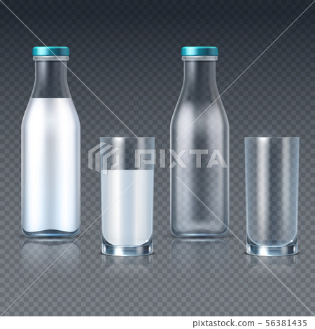Realistic glass bottles and glasses with milk vector templates isolated 56381435