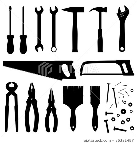 Hand industrial and building tools vector silhouettes. Handyman toolkit 56381497