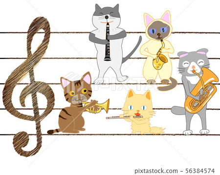 Cat concert. A cat sings or plays a musical instrument Cat concert. A cat sings or plays a musical instrument 56384574