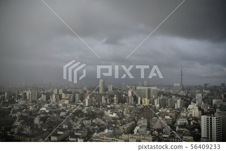Tokyo cityscape in Japan Guerrilla heavy rain hits the Tokyo metropolitan area by spreading dark clouds (influenced by large typhoon No. 10 and rain clouds in the Tokyo metropolitan area) 56409233
