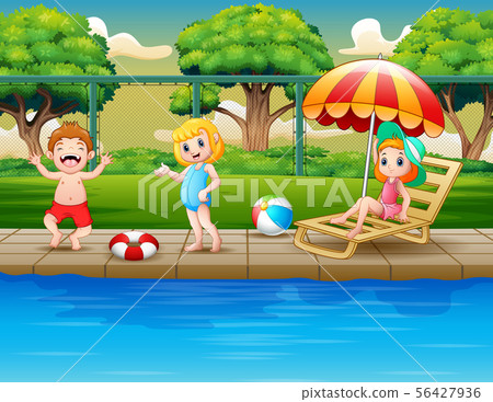 Happy kids playing in an outdoor swimming pool Happy kids playing in an outdoor swimming pool 56427936