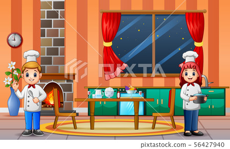 A chef man and woman preparing food for dinner