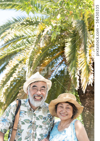 Tropical resort, senior couple, domestic trip, summer vacation, palm trees 56430335