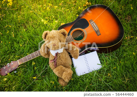 Teddy bear sleep on classical guitar on field 56444460