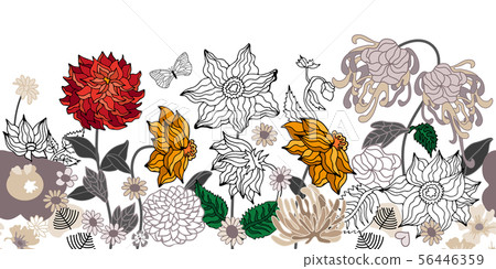 Vintage border with blooming dahlias and asters.  56446359