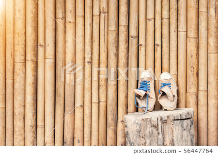 Pair of old classic sneakers leaning against a Pair of old classic sneakers leaning against a 56447764